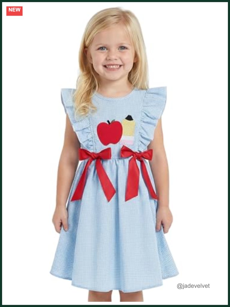 Kids Girls Back To School Dress With Apple Pencil Embroidery Flutter Sleeves